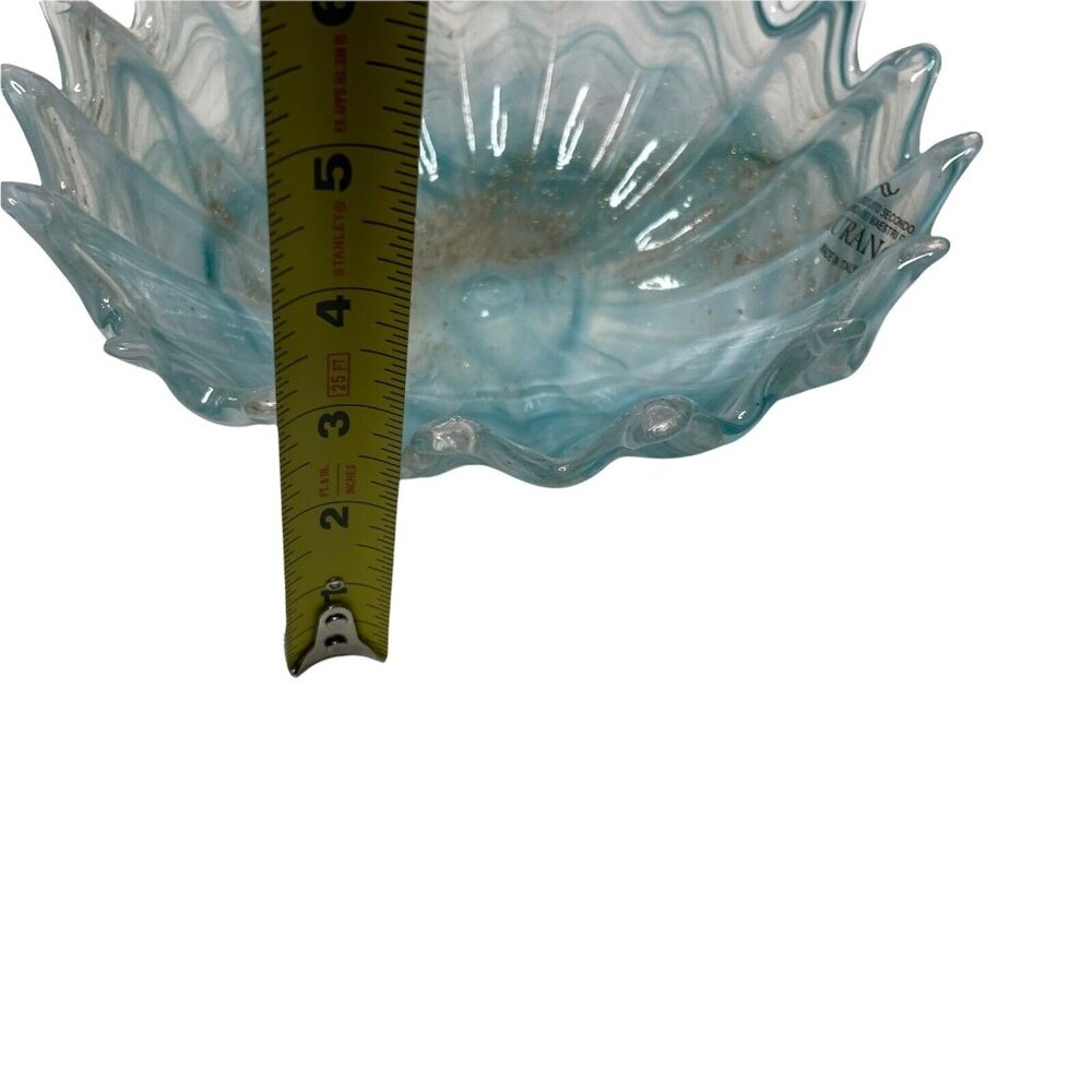 Murano Art Glass Wave Bowl Light Blue 24k Gold Flecked 8.5” Scalloped Edge MCM - Picture 8 of 8